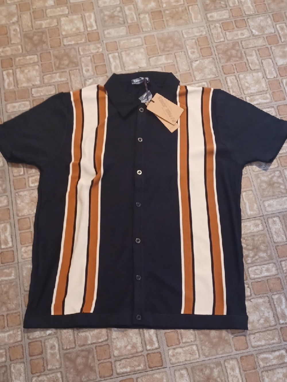 Paul Jones Men's Black Button-Up Shirt with Cream & Brown Vertical Stripes